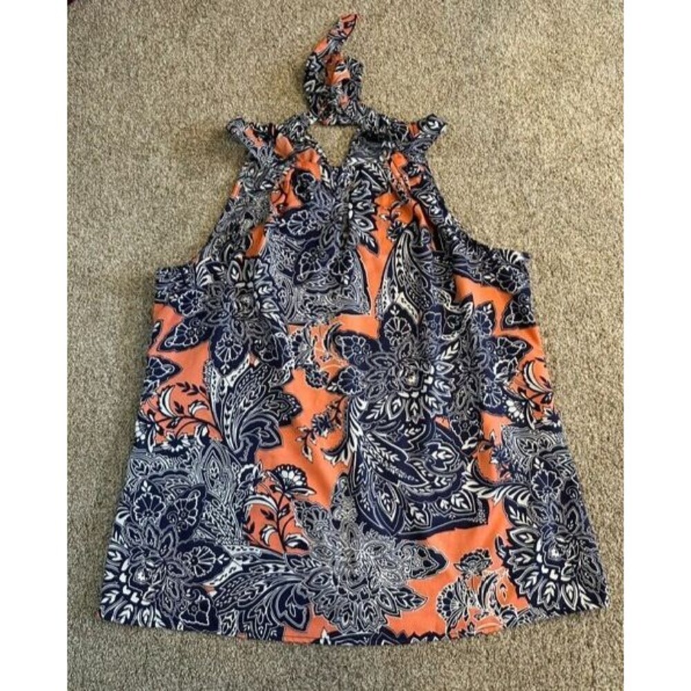 The Limited Blouse Top Large Keyhole Paisley Print Sleeveless Navy/Orange/White